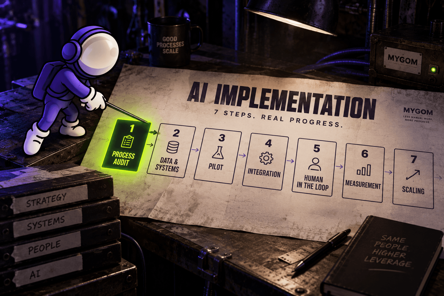 The seven steps of AI implementation: process audit, data and systems, pilot, integration, human in the loop, measurement, scaling