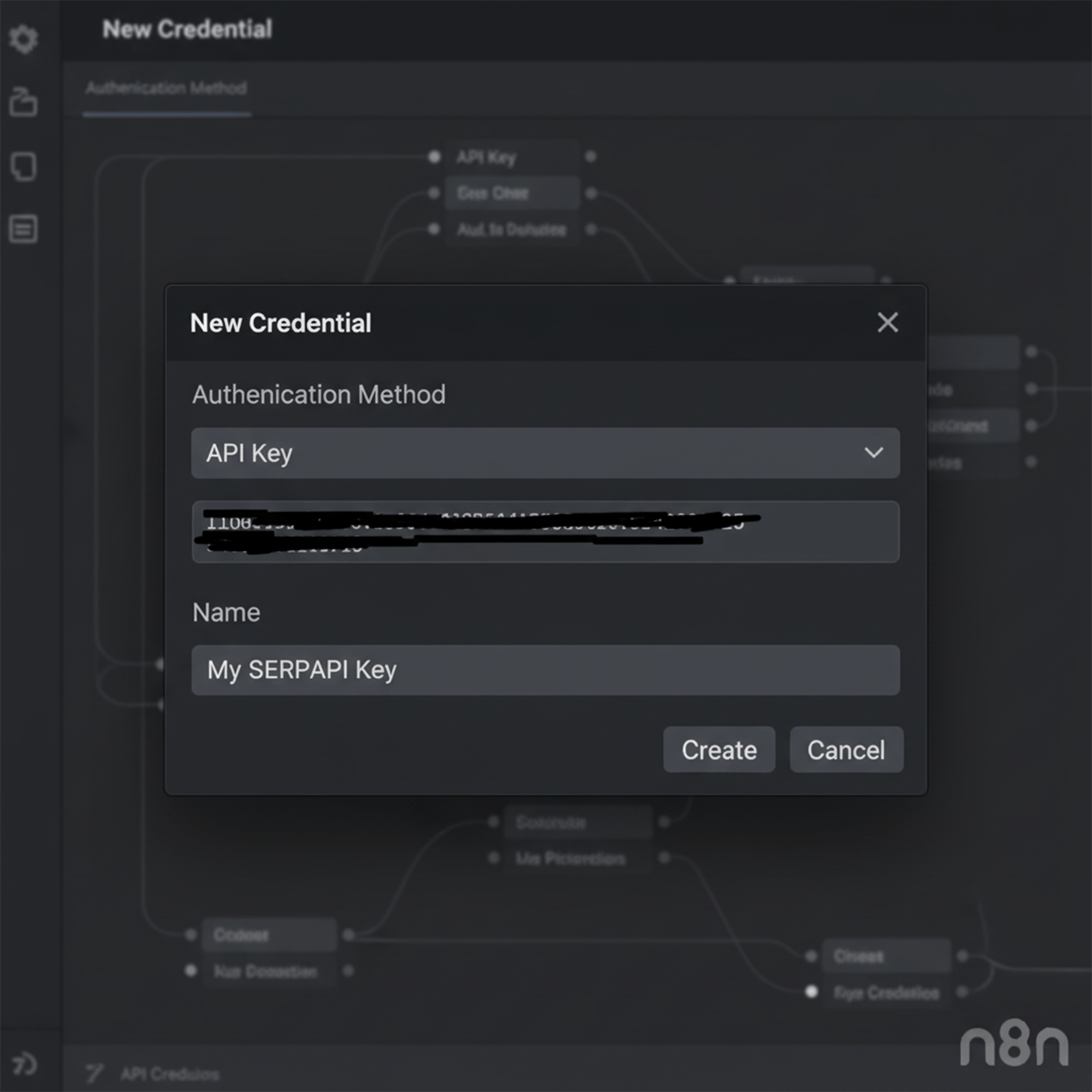 Screenshot of the n8n "New Credential" dialog box showing "API Key" selected as authentication method, a blurred API key in the input field, and "My SERPAPI Key" as the credential name.