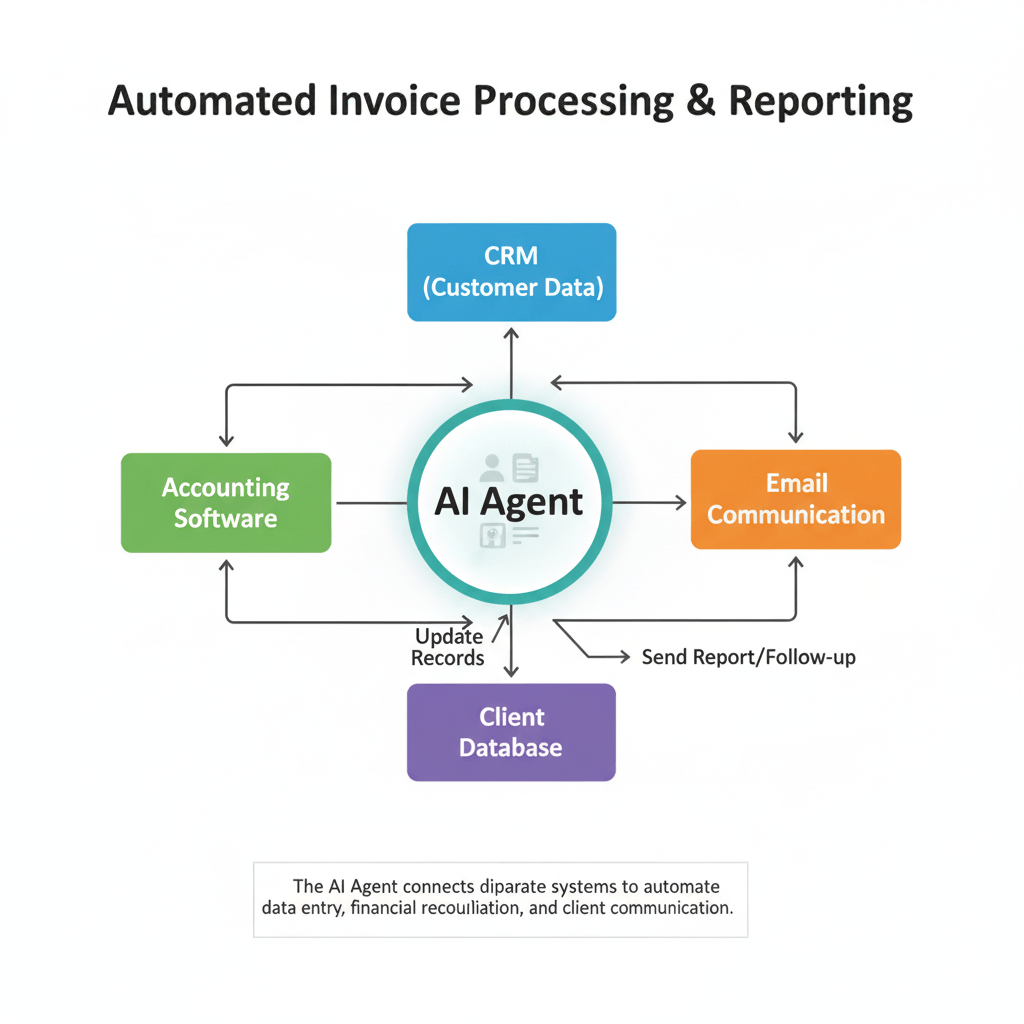 How an AI Agent connects CRM, accounting, and communication systems to automate reporting, data entry, and client follow-ups.