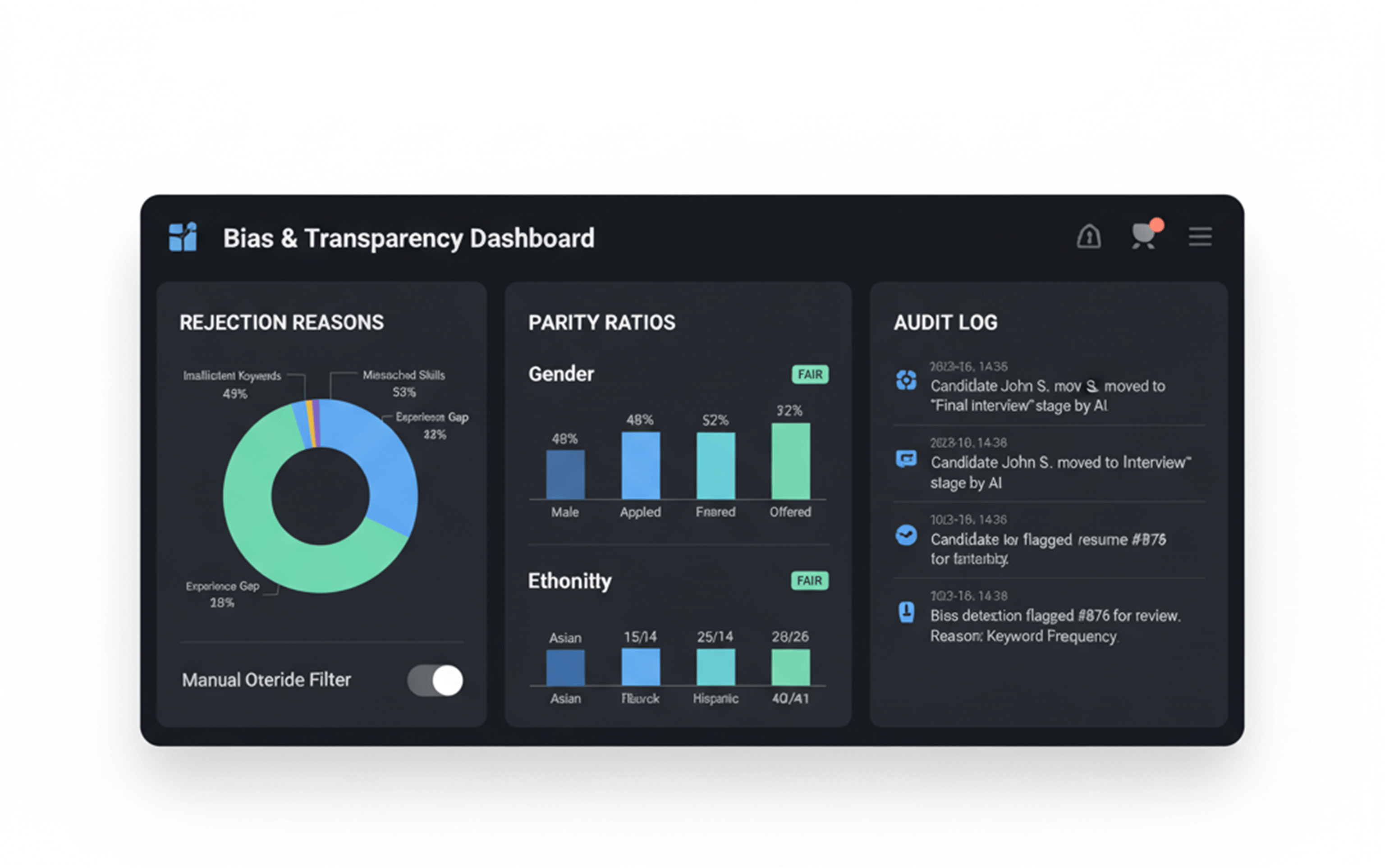 Mockup of an AI recruitment dashboard showing rejection reasons, gender and ethnicity parity ratios, and an audit log with bias detection flags.