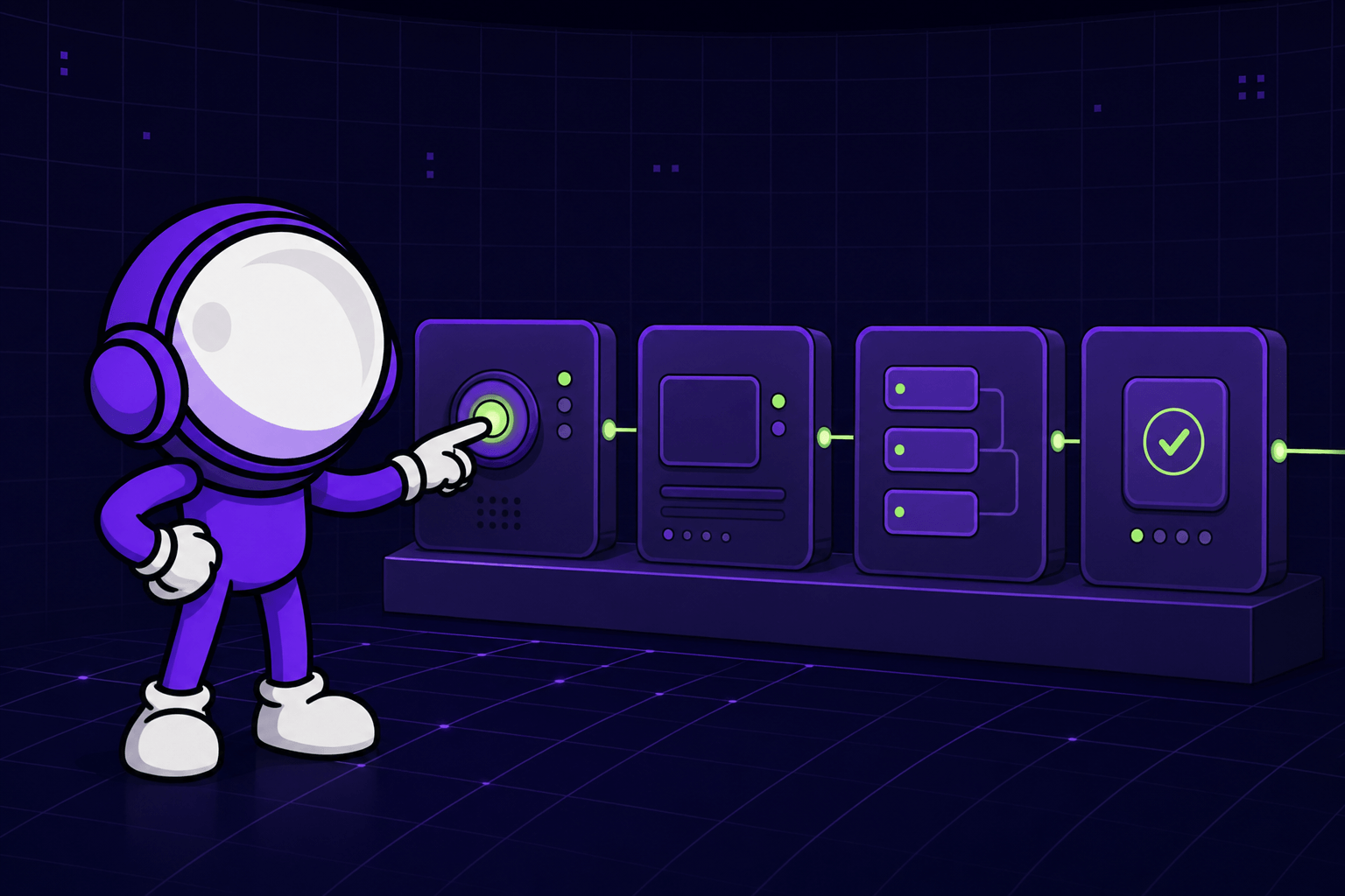 Mygom astronaut activating a business process automation control panel with connected devices