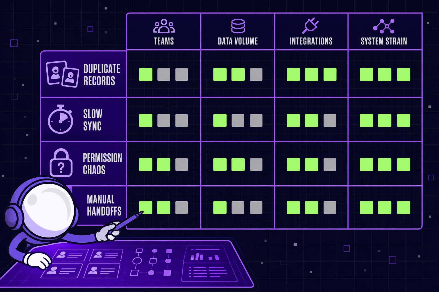 CRM issues don't appear in one place — they show up across teams, data, integrations, and system strain all at once.