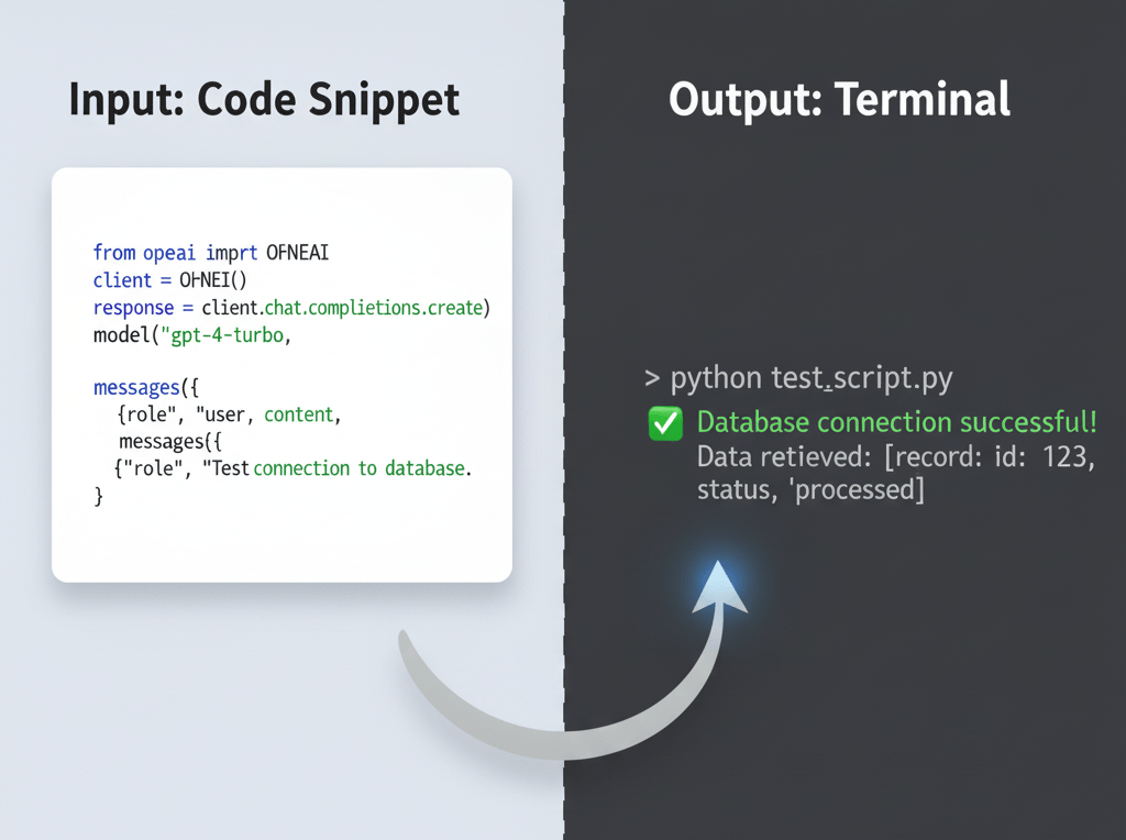 Side-by-side image showing a code snippet on the left and terminal output on the right. The left panel contains OpenAI code using GPT-4 to test a database connection, while the right panel shows the terminal confirming “Database connection successful!” with a green check mark.