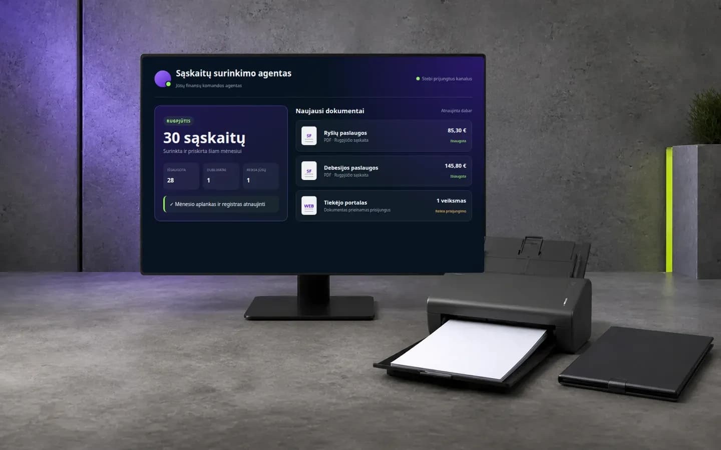 Sąskaitų surinkimo agento ekranas, dokumentų skeneris ir mėnesio sąskaitų kontrolė Mygom produktų studijoje
