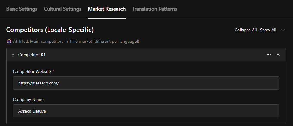 PayloadCMS lokalizuota konkurentų analizę