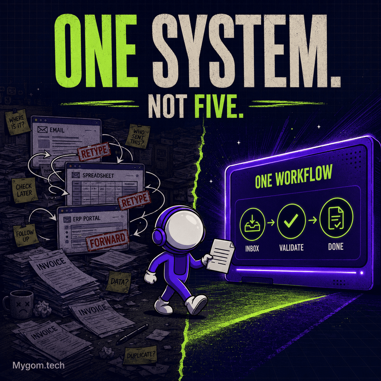 Astronaut mascot walking from a cluttered desk buried in invoice papers and overlapping windows toward a single clean workflow system, illustrating the move from manual chaos to one automated process.