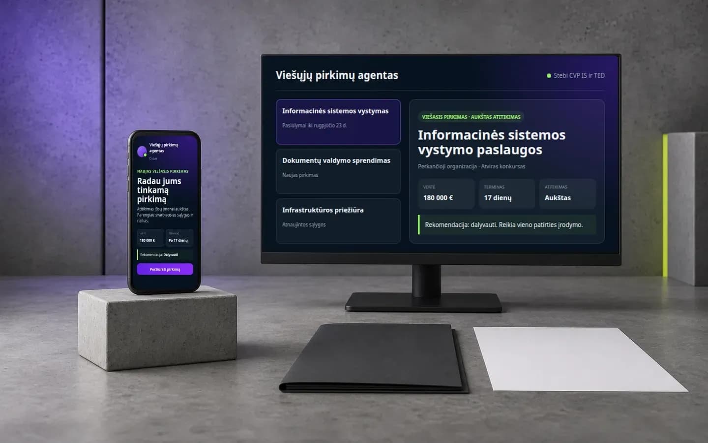 Viešųjų pirkimų agento telefono pranešimas ir atrinkto viešojo pirkimo analizė Mygom produktų studijoje