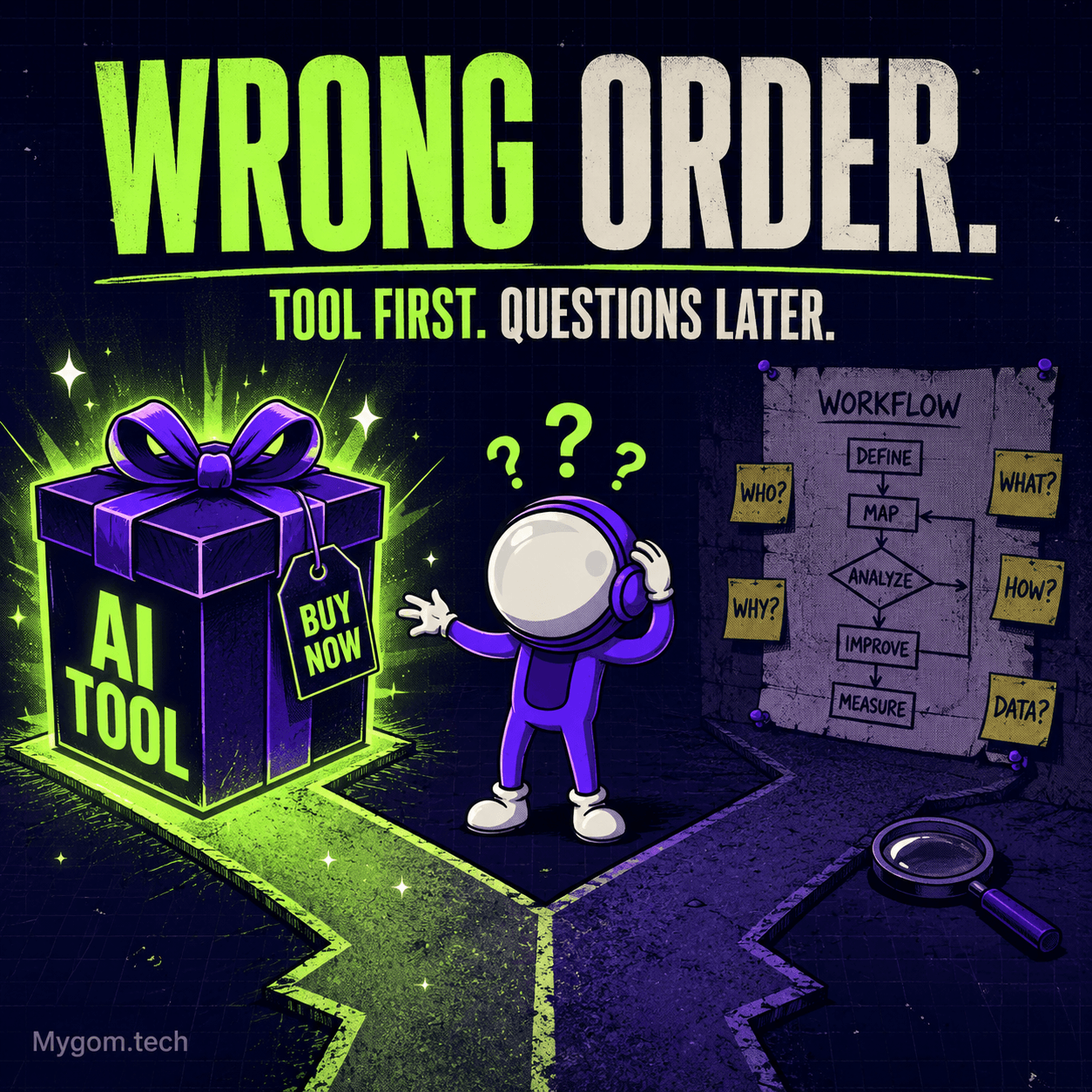 Astronaut mascot reaching for a shiny AI tool box while an ignored workflow map hangs in the shadow, illustrating how businesses pick AI tools before defining the problem.